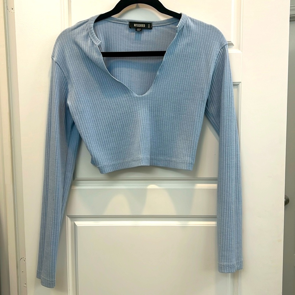 Missguided blue ripped long sleeve crop top